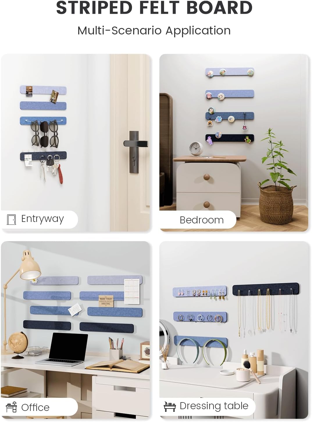 Fluxynara Cork Board Alternative Felt Strip Board 8-Pack 13"x2", Office Pin Board with 50 Push Pins, Adhesive Install for Bedroom Door & Home Office(Linen Dusk)