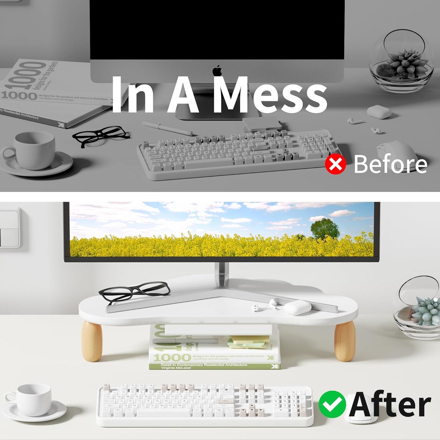 AFOOYO Monitor Stand Riser,Cloud-Shaped Sturdy Wood 16.5In Computer Monitor Riser Wirh Drawer, Multi-Purpose Desktop Organizer Riser for Computer,Laptop,Printer,TV,White