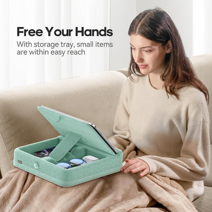 KDD Tablet Pillow Stand with Storage, Foldable iPad Holder for Bed, Lap and Desk, Angle Adjustable Soft Pad Dock with Stylus Mount Compatible with Ipad Pro 12.9, 10.5, 11, Air, Mini, Phones, Books