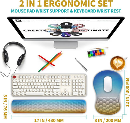 Hokafenle 2 in 1 Ergonomic Mouse Pad Wrist Support & Wrist Rest for Computer Keyboard Set, with Relieve Carpal Tunnel Pain Massage Bulge and Full Memory Gel Design (2In1 Set, Black)