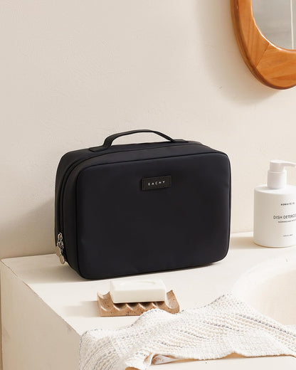 EACHY Toiletry Bag with Hanging Hook, Travel Makeup Bag PU Leather Cosmetic Bags for Women Make Up Organizer with 4 Compartments Waterproof Full-Size Portable Travel Essentials (Beige)