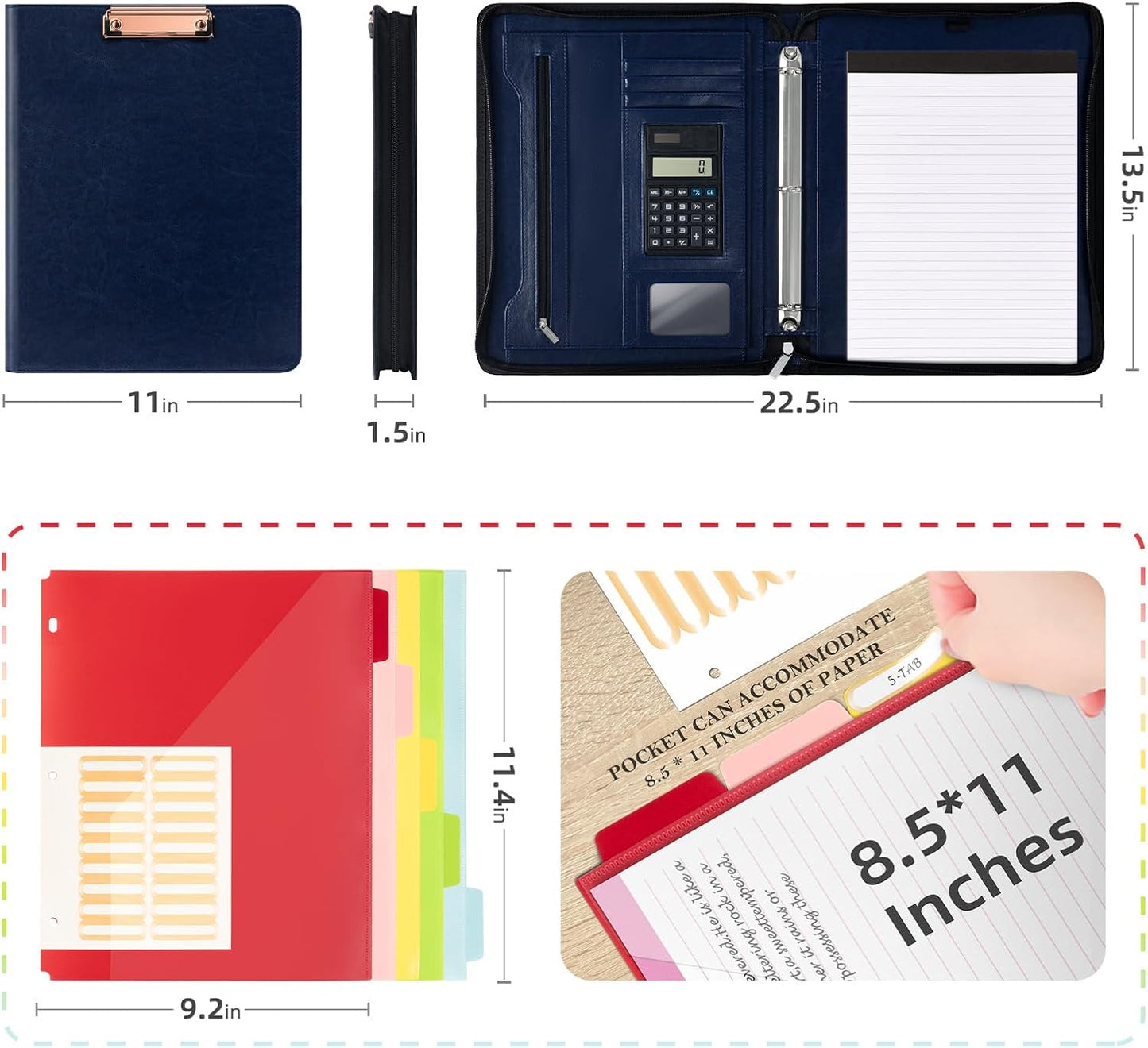 Ospelelf Zippered Padfolio Portfolio Folder, Leather Clipboard with Storage, 3 Ring Binder 1 Inch,12.1” Tablet Sleeve, 5 Dividers with Pocket, Refillable Notepad, Card Slot (Classic Black)