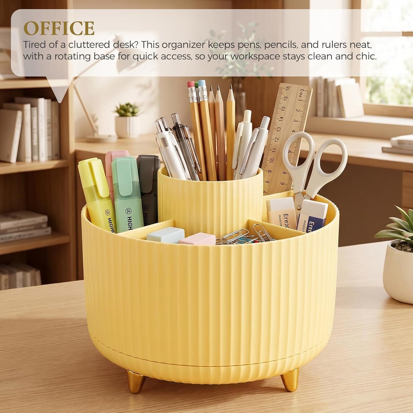 KONVINIT Pencil Pen Holder for Desk, 5 Slots 360 - Degree Rotating Desktop Organizer, Cute Desk Organizers and Accessories for School, Home, Office and Art Supply, Black