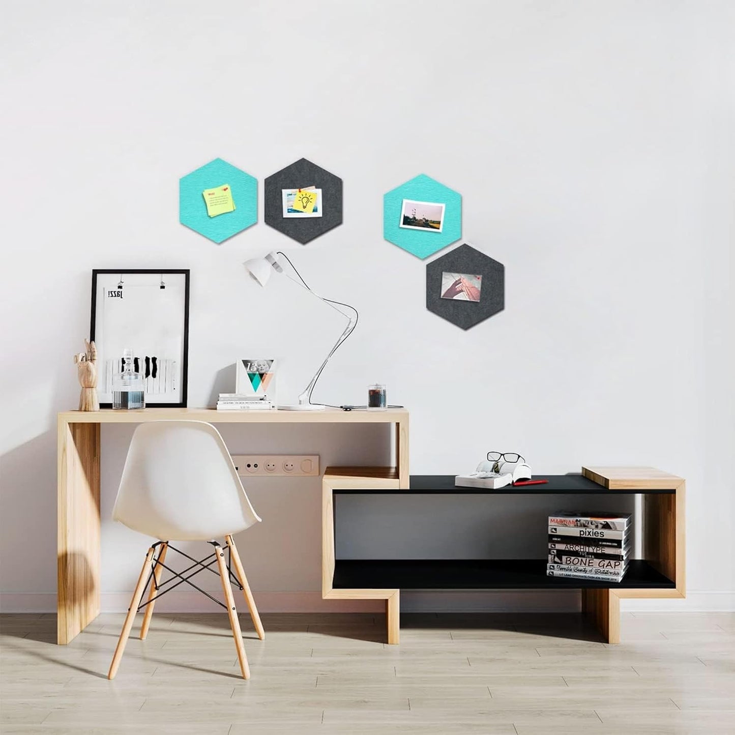 8 Pack Hexagon Felt Bulletin Board Tiles - 12" Large Thick Pin Board for Walls with 30 Push Pins, DIY Boards for Office Home School Decor, Aesthetic Hex Cork Board Alternative