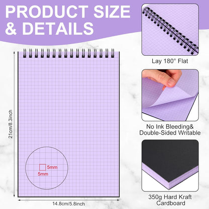 Engrowtic 6 Pack Graph Paper Spiral Notepad A5 Top Wirebound Notepad Grid Notebook Steno Pad Memo Notebook Grid Paper 140 Pages for Writing Sketching Drawing Office Supply (Black)