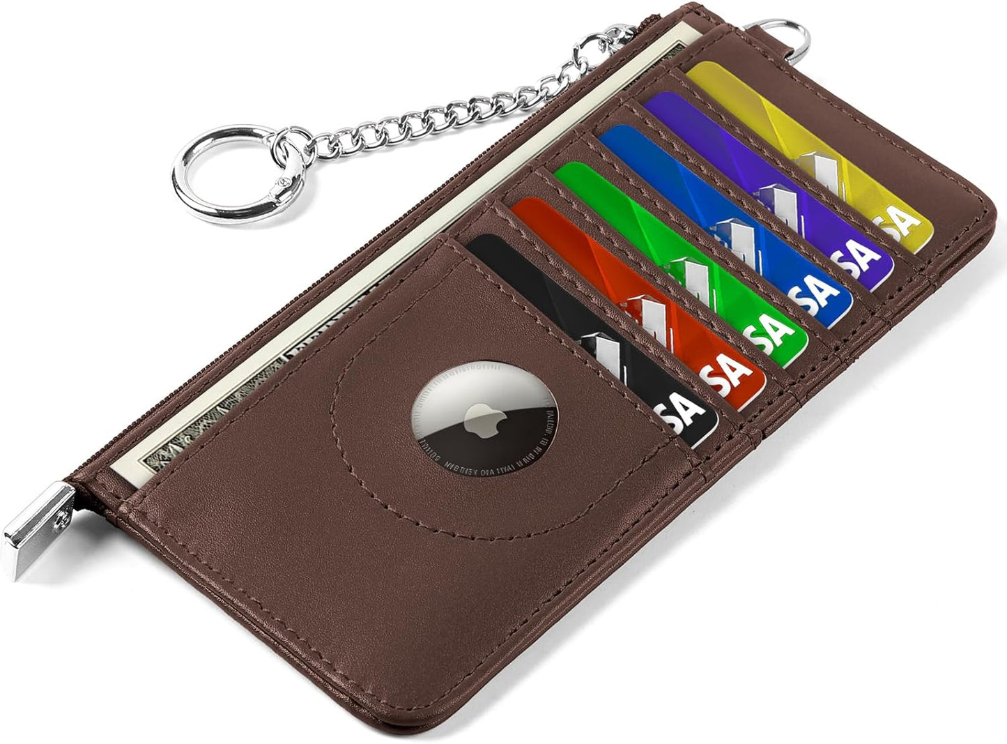 RFID Blocking Slim Credit Card Holder Wallet with Zipper Money Pocket & Keychain, Slim Airtag Wallet for Men Women