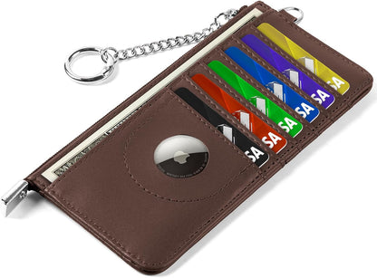 RFID Blocking Slim Credit Card Holder Wallet with Zipper Money Pocket & Keychain, Slim Airtag Wallet for Men Women
