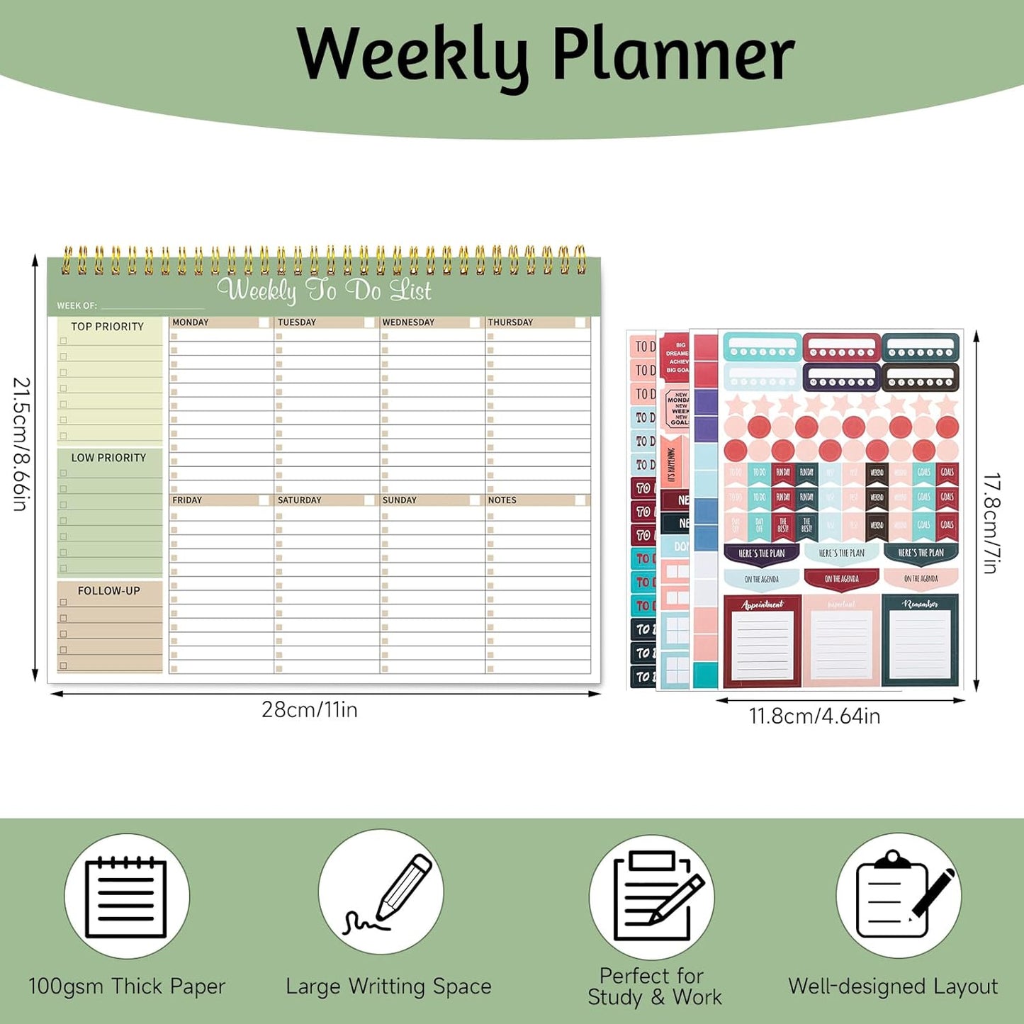 Weekly To Do List Notepad, 8.5''x11'' Weekly Desk Planner with 52 Tear Off Sheets Undated Weekly Planner Habit Tracker & Productivity Organizer for Home School and Work, Light Green