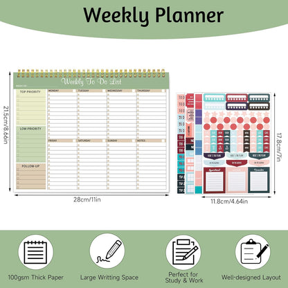 Weekly To Do List Notepad, 8.5''x11'' Weekly Desk Planner with 52 Tear Off Sheets Undated Weekly Planner Habit Tracker & Productivity Organizer for Home School and Work, Light Green