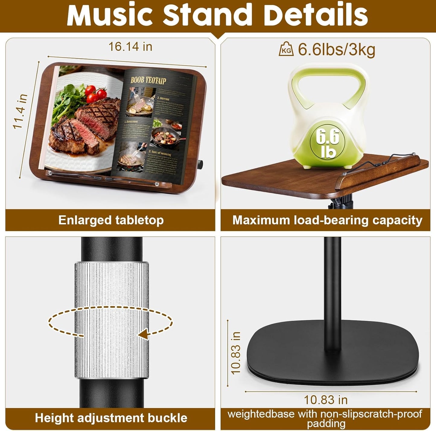 2 in 1 Dual-use Music Stand & Desktop Book Stand, Adjustable Height 16.5"-51", 100% Solid Wood Laptop Floor Stand Book Holder with Page Clips for Cookbooks, Sheet Music (Brown)