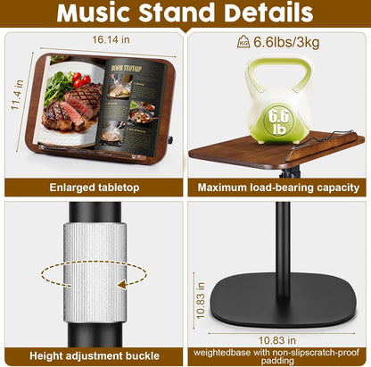 2 in 1 Dual-use Music Stand & Desktop Book Stand, Adjustable Height 16.5"-51", 100% Solid Wood Laptop Floor Stand Book Holder with Page Clips for Cookbooks, Sheet Music (Brown)