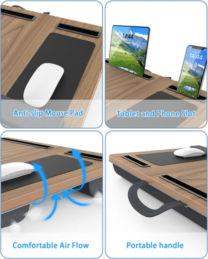 HETTHI Laptop Lap Desk, Portable Large Laptop Desk for Bed, Up to 17 Inch Lap Pad Tray with Wrist Rest, Mouse Pad, Tablet Phone Slot, Portable Handle, Cushion (Black)