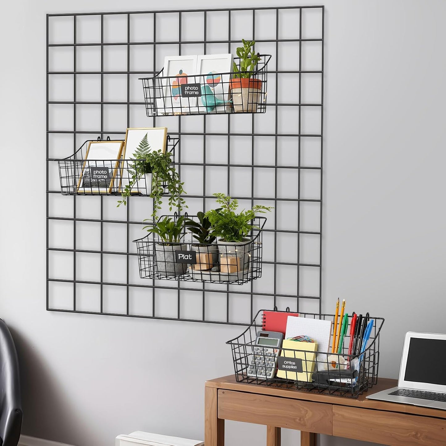 4 Pack Black Grid Wall Baskets, 12 x 6 x 5.1 Inch Metal Wire Wall Basket with Hooks Label Hanging Basket Accessory for Vendor Trade Shows, Kitchen, Bathroom, Pantry Storage