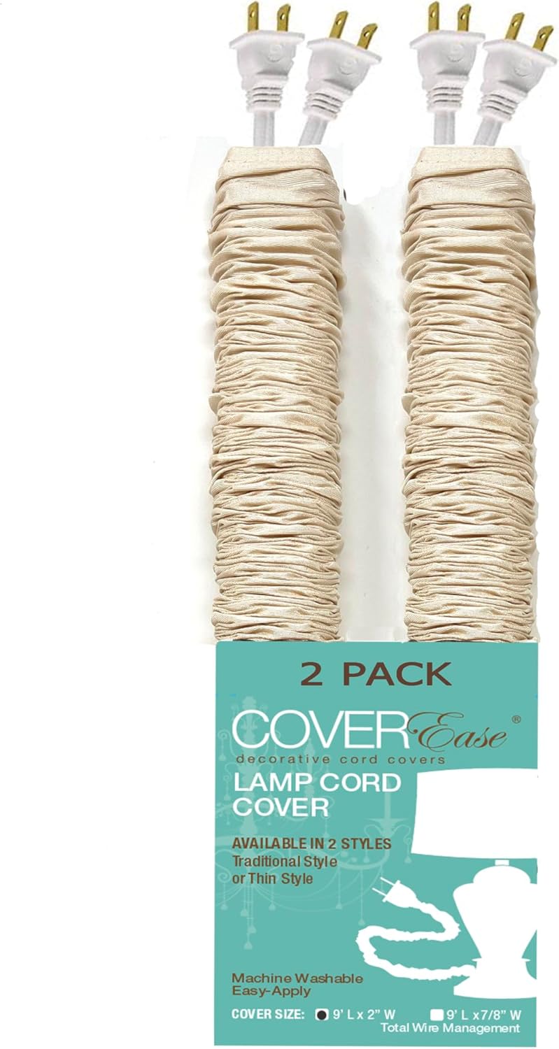 Cream COVEREase Lamp Cord Cover 9 ft Faux Silk Fabric Cover - Cable Sleeve, Wire Cover, Cord Hider for Cable Management for Electrical Lighting Fixtures. (1 PK)
