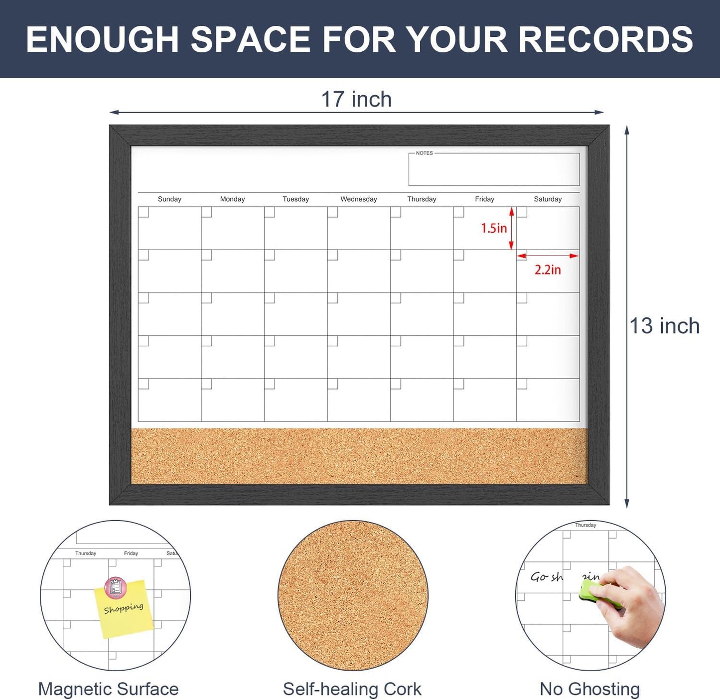 Calendar Whiteboard for Wall, TANKEE 17x13 Inches Whiteboard Calendar Cork Board Combo, Small Magnetic White Board with Wood Framed, Hanging Dry Erase Board for Kitchen Home Office School Planner