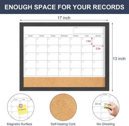 Calendar Whiteboard for Wall, TANKEE 17x13 Inches Whiteboard Calendar Cork Board Combo, Small Magnetic White Board with Wood Framed, Hanging Dry Erase Board for Kitchen Home Office School Planner