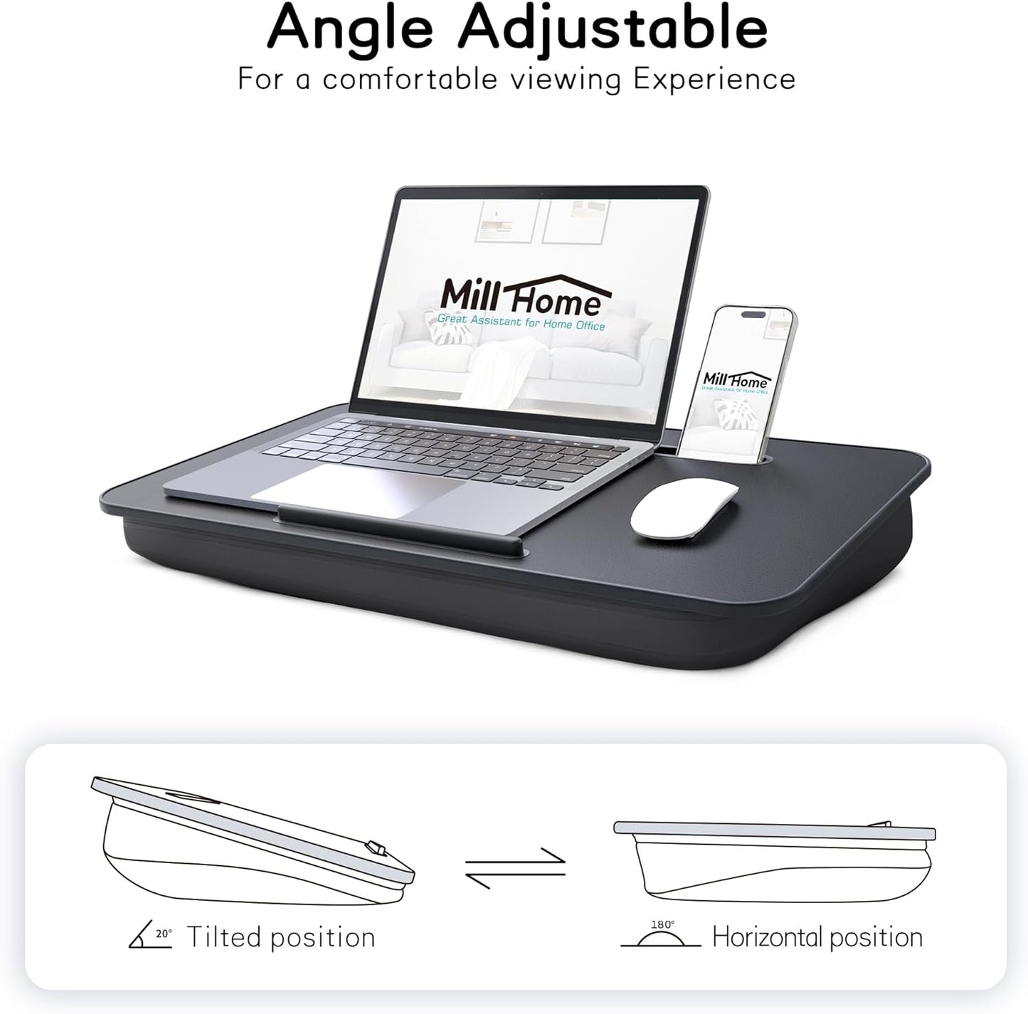 Lap Desk with Cushion, Fits up to 17 inch Laptop, Pillow Designed, Portable Laptop Stand with Tray, Pad & Phone Holder, Home Office for Bed/Couch/Car/Reading/Writing,MillHome (Black)