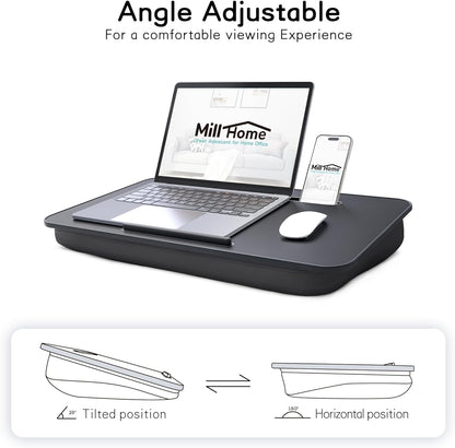 Lap Desk with Cushion, Fits up to 17 inch Laptop, Pillow Designed, Portable Laptop Stand with Tray, Pad & Phone Holder, Home Office for Bed/Couch/Car/Reading/Writing,MillHome (Black)