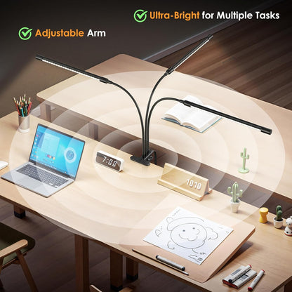 ShineTech LED Desk Lamp with Clamp, 3-Head Ultra-Wide Lighting, 4 Color Modes, Adjustable Gooseneck Task Lamp, Eye-Safe Dimming, Memory & Auto-Off Timer, Desk Light for Home Office, Study, Reading