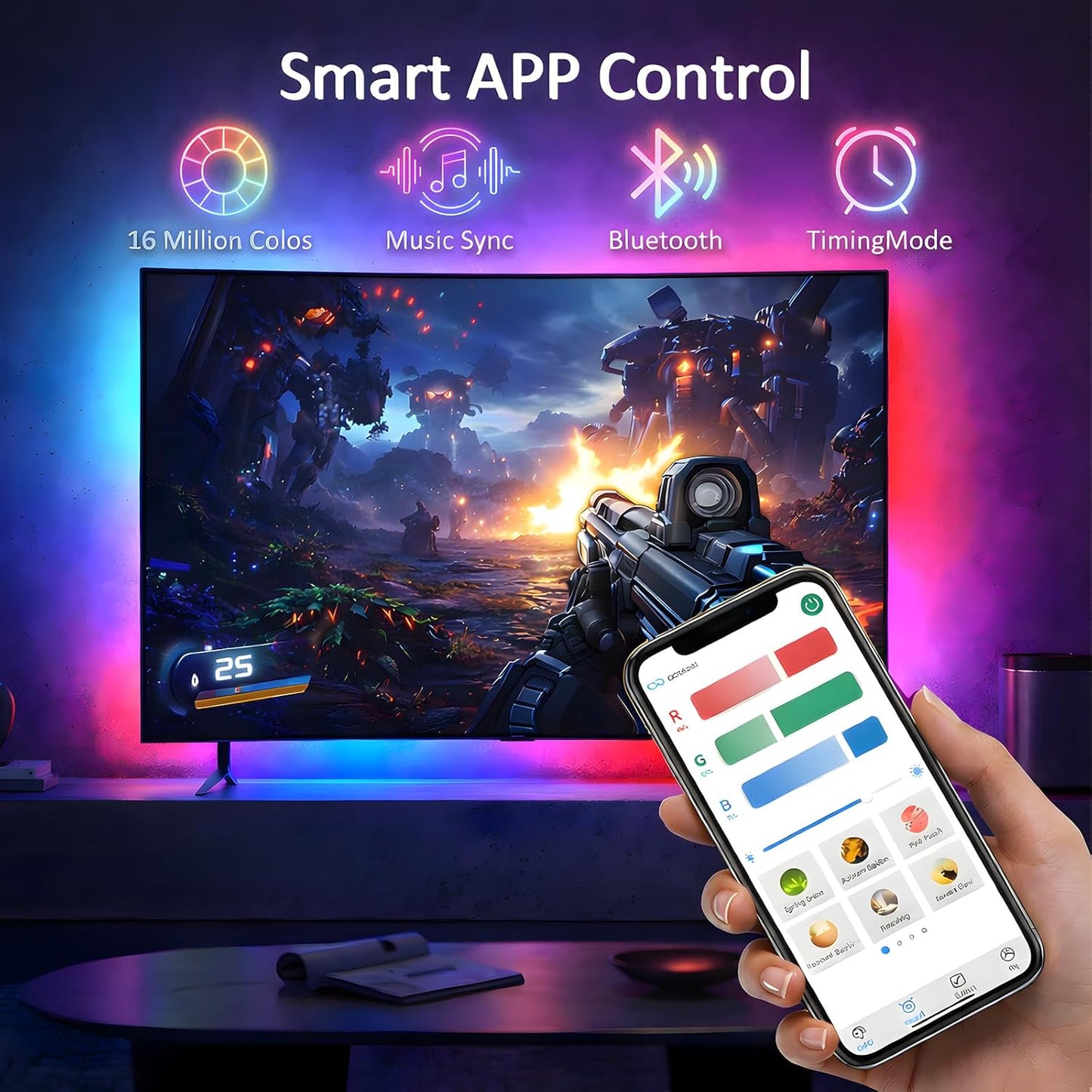 Bason TV LED Backlight for 55-65 inch TV, Bluetooth APP & Remote Control Strip Lights, Immersive Music Sync RGB USB Bias Lighting, Ambient TV Backlighting for Gaming, Movie & Home Theater Setup