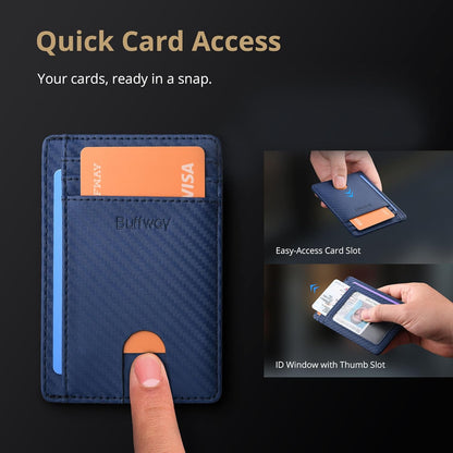 Buffway Slim Minimalist Front Pocket RFID Blocking Leather Wallets for Men and Women - Carbon Fiber Black - Colors B