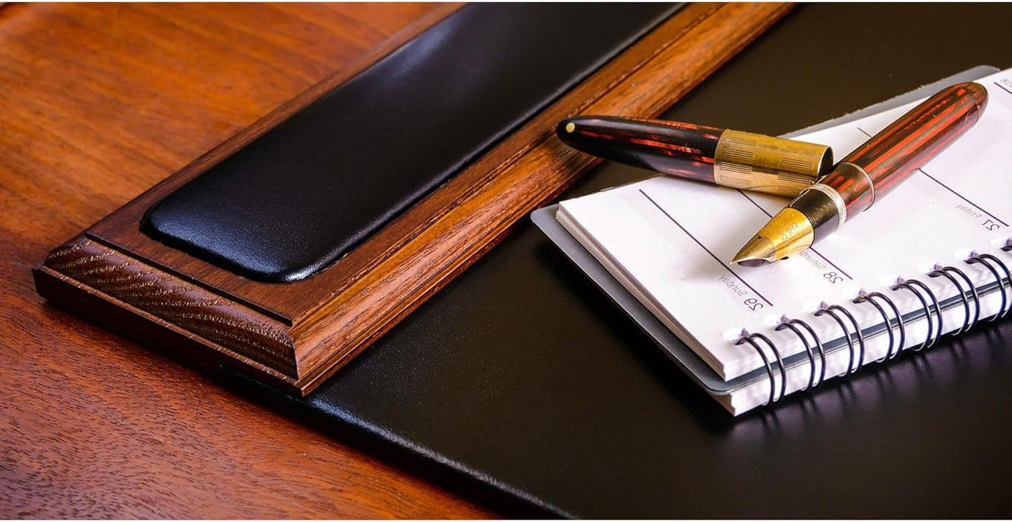 DACASSO Wood & Leather Desk Pad with Side Rails - Luxury Leather Desk Blotter for Writing - Padded Executive Desk Surface Protector - (Walnut & Black, 34” x 20”)