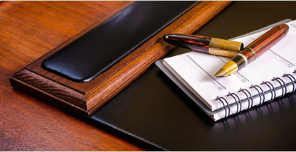 DACASSO Wood & Leather Desk Pad with Side Rails - Luxury Leather Desk Blotter for Writing - Padded Executive Desk Surface Protector - (Walnut & Black, 34” x 20”)
