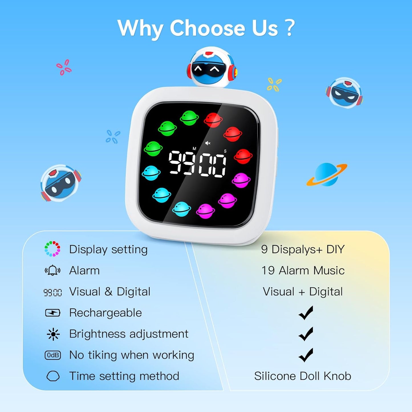 Yunbaoit Digital Visual Timer for Kids, Rechargeable 99-Minute Silent Countdown Timer with 19 Ringtones, 9 Optional DIY Color Star Display, Time Management Tool with Pause Function (Rainbow)