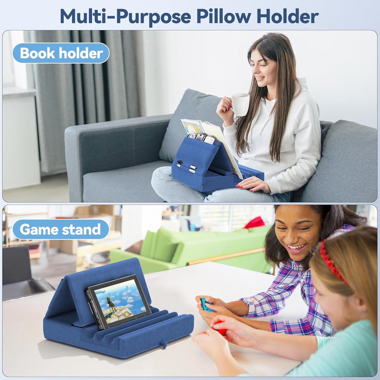 KDD Tablet Pillow Holder, Foldable iPad Stand for Lap, Bed and Desk -Tablet Soft Pad Dock with Pocket & Stylus Mount Compatible with iPad Pro 12.9, 10.5, 9.7 Air Mini 6 5 4 3, Galaxy Tab, E-Reader