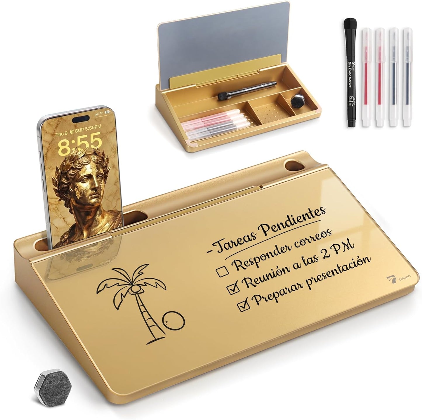 TOWON Small Compact Glass Desktop Whiteboard with Storage – 12 x 7 in Dry Erase Board for Desk, Home Office, School | Includes 5 Markers, Eraser & Holder | Space-Saving Organizer, Aesthetic Rose Gold
