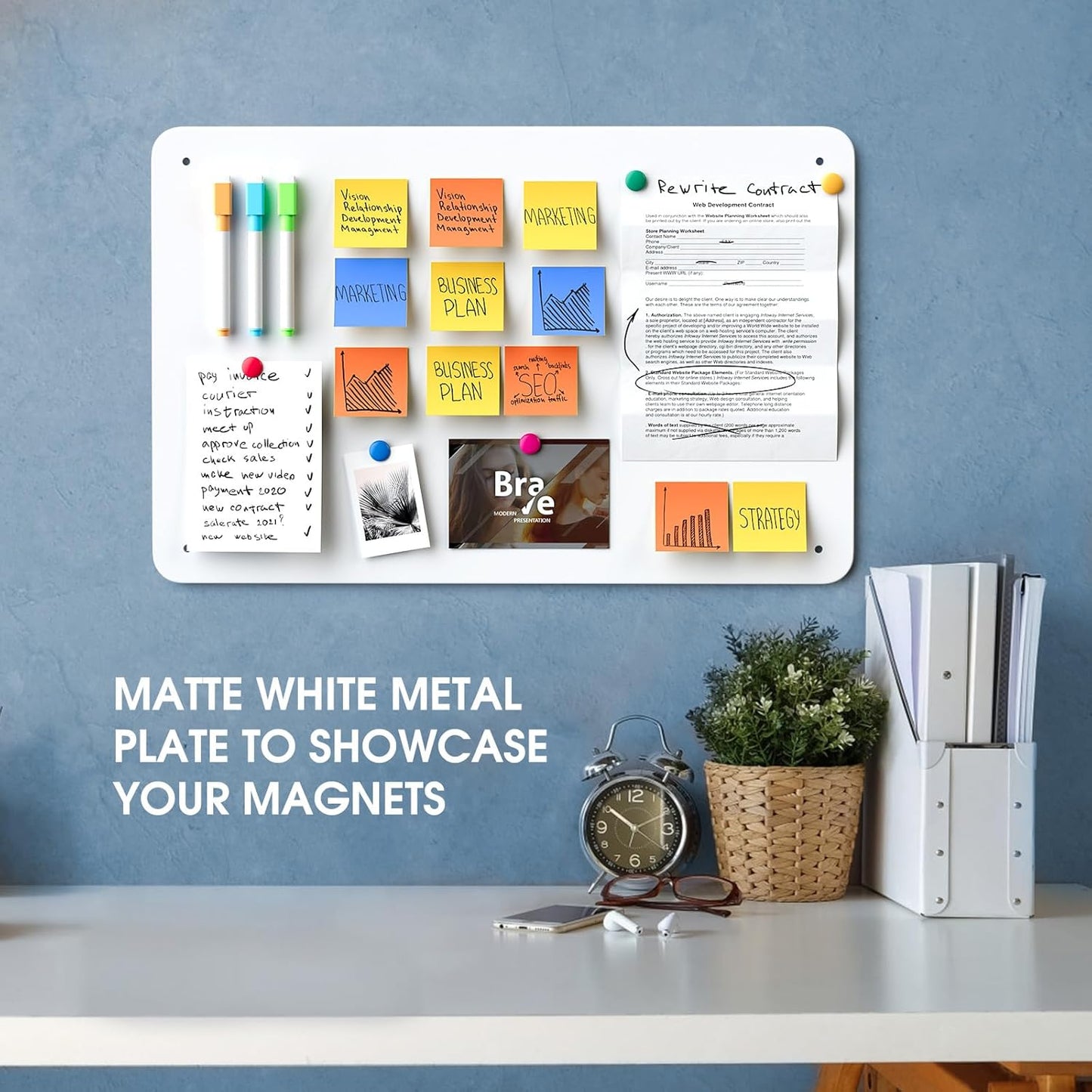 MaxGear Magnetic Board 17.5" x 11.4" Black Metal Magnet Bulletin Board for Wall, Refrigerator, Magnetic Board Display Notes, Photos, and More - Includes Dual Lock Tape and Screws