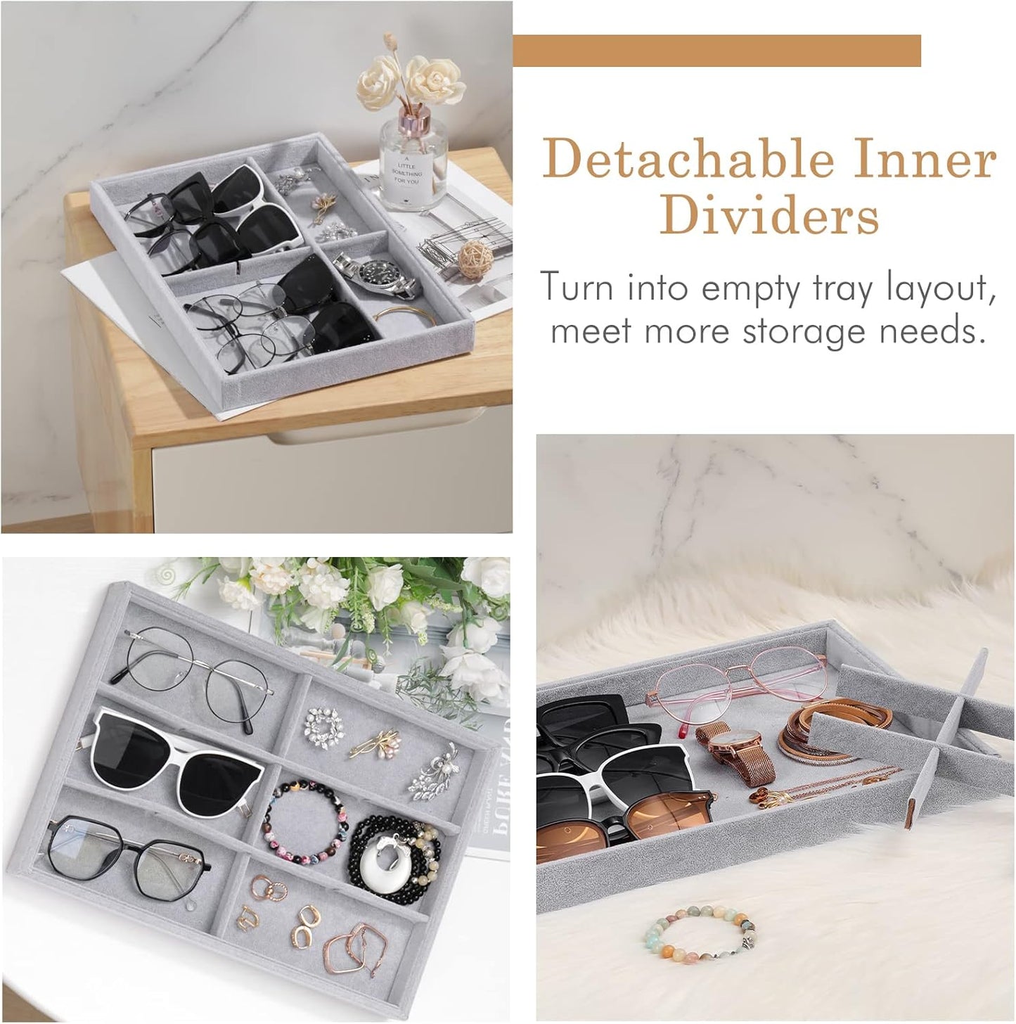 Emibele Glasses Organizer Jewelry Tray, 8 Grids with Clear Lid Velvet Tray Watch Storage Stackable Jewelry Showcase Display Storage with Detachable Inner Dividers, Beige