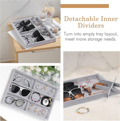 Emibele Glasses Organizer Jewelry Tray, 8 Grids with Clear Lid Velvet Tray Watch Storage Stackable Jewelry Showcase Display Storage with Detachable Inner Dividers, Beige