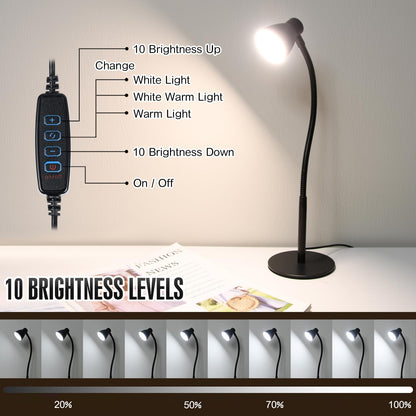 LED Desk Lamp for Home Office, CRI 90+ Eye-Caring Reading Light, Small Desk Light with Flexible Goose Neck, Perfect for Study Desk (Adapter Included)