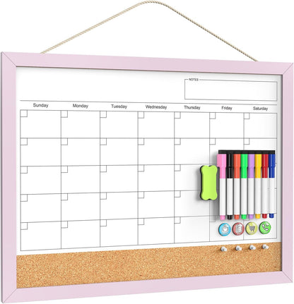 Calendar Whiteboard for Wall, TANKEE 17x13 Inches Whiteboard Calendar Cork Board Combo, Small Magnetic White Board with Wood Framed, Hanging Dry Erase Board for Kitchen Home Office School Planner