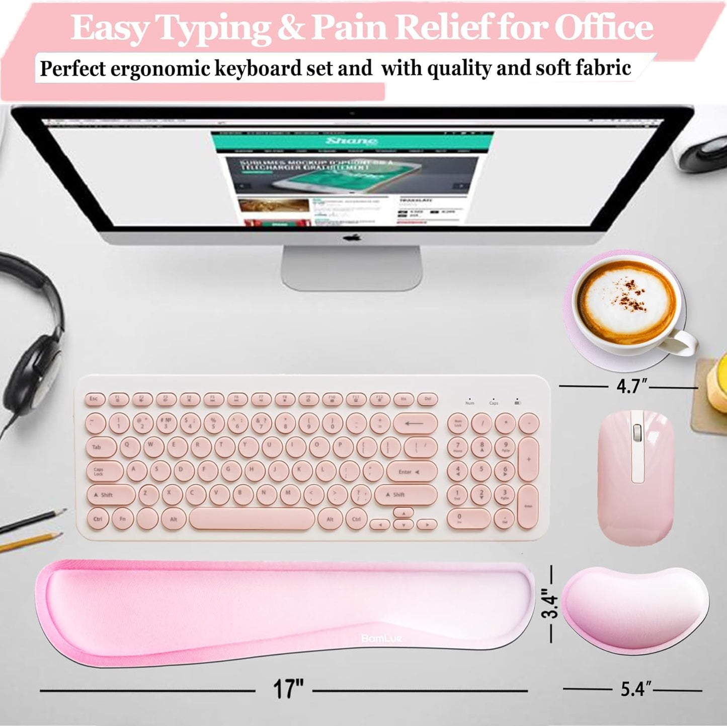 Keyboard Wrist Rest, BamLue Memory Foam Pad Set for Easy Typing & Pain Relief for Laptop, Office & Home, Ergonomic Sets for Keyboard, Gel Mouse Wrist Rest, Smooth Fiber Cushion Wrist Support-Black