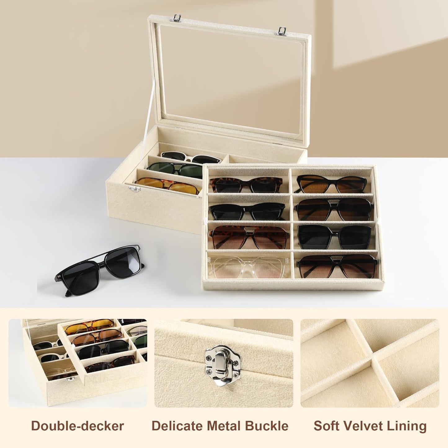 Frebeauty 16 Slots Sunglasses Organizer,2 Layer Velvet Sunglasses Tray with Glass Lid,Multiple Pairs Sunglass Display Case for Man or Woman,13.7 * 10.25 * 4.1 Inches Eyeglass/Eyewear Box (Beige)