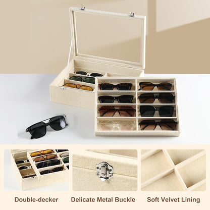 Frebeauty 16 Slots Sunglasses Organizer,2 Layer Velvet Sunglasses Tray with Glass Lid,Multiple Pairs Sunglass Display Case for Man or Woman,13.7 * 10.25 * 4.1 Inches Eyeglass/Eyewear Box (Beige)