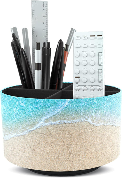 Round Leather Art Supply Organizer,Remote Control Holder,360 Degree Rotating,Multi-Functional Pencil Holder,4 Compartments Desktop Stationary Organizer(1-Fractal Flower) | Round - Colors C