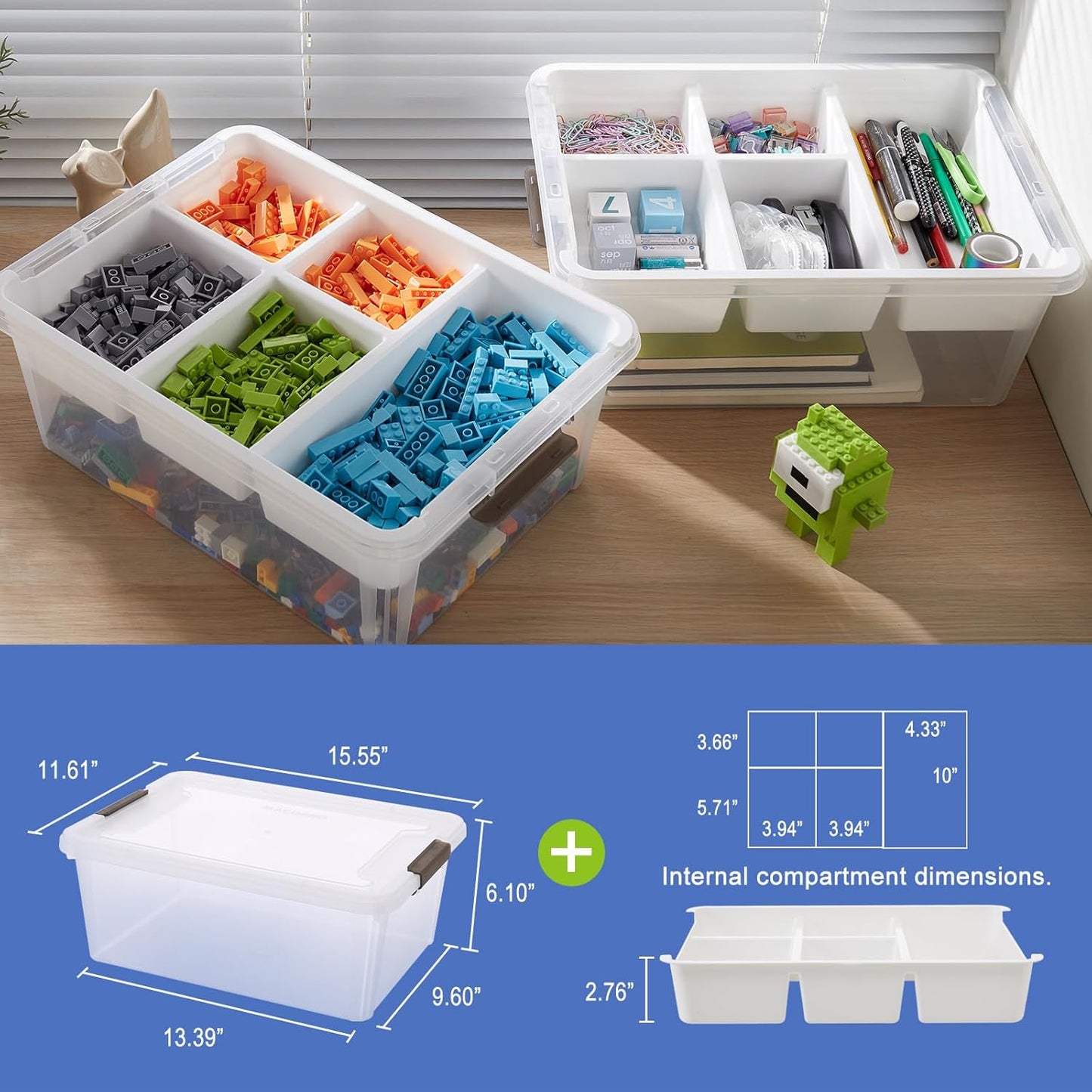 MACOPRO 17QT Craft Storage Box with 2 Removable Caddy Trays, Clear Stackable Plastic Organizer with Lid for Art Supplies, Beads, Sewing Tools, Pens & Kids Toys (White, 1Pack-2-in-1)