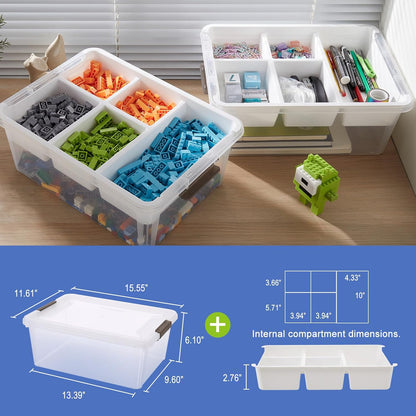 MACOPRO 17QT Craft Storage Box with 2 Removable Caddy Trays, Clear Stackable Plastic Organizer with Lid for Art Supplies, Beads, Sewing Tools, Pens & Kids Toys (White, 1Pack-2-in-1)