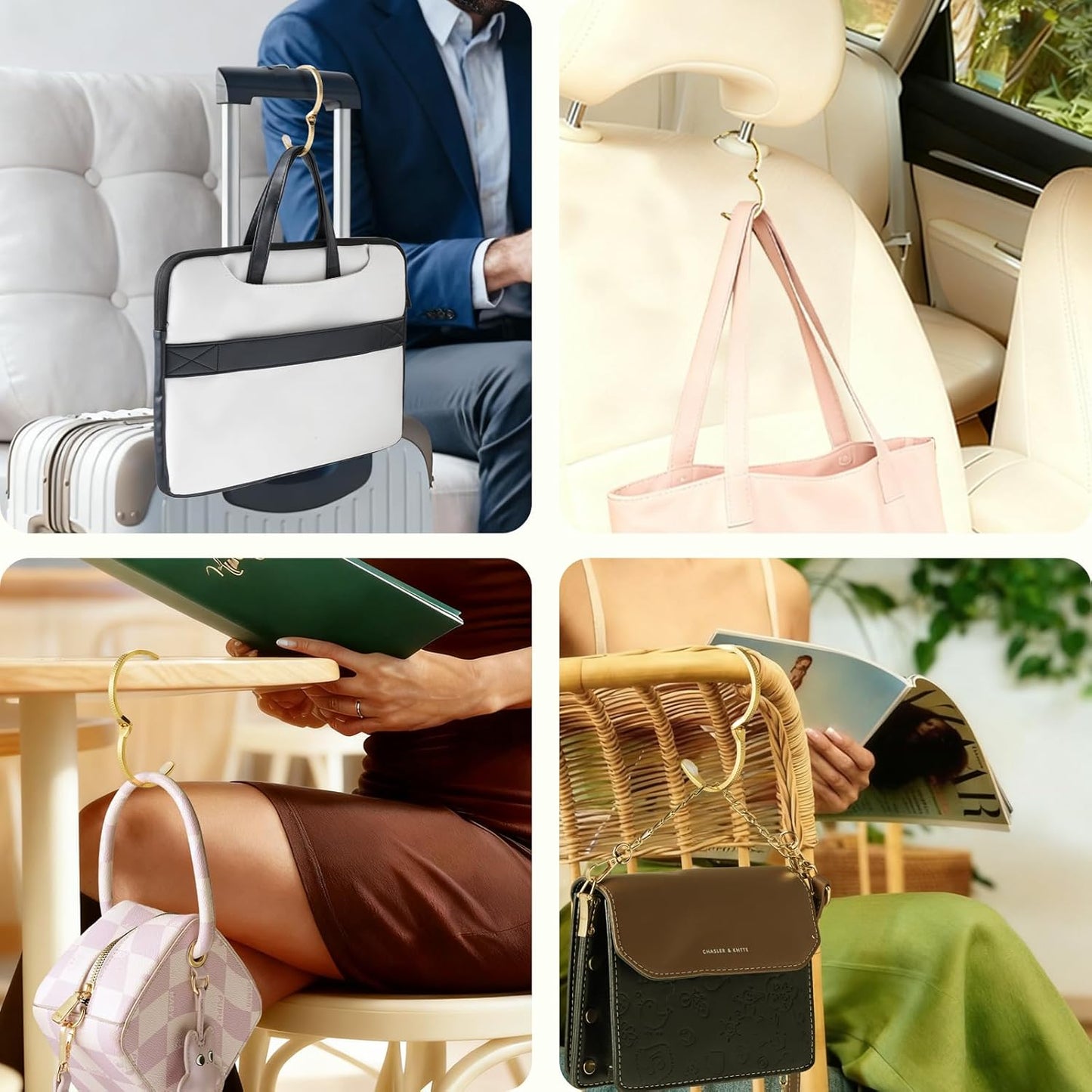 Purse Hook for Table, 18K Gold Plated Mesh Link Bracelet for Women, Holds up to 30 lbs, Portable 2-in-1 Handbag Hanger, Premium Anti-Slip Bag Holder with Gift Box, Ideal Gift