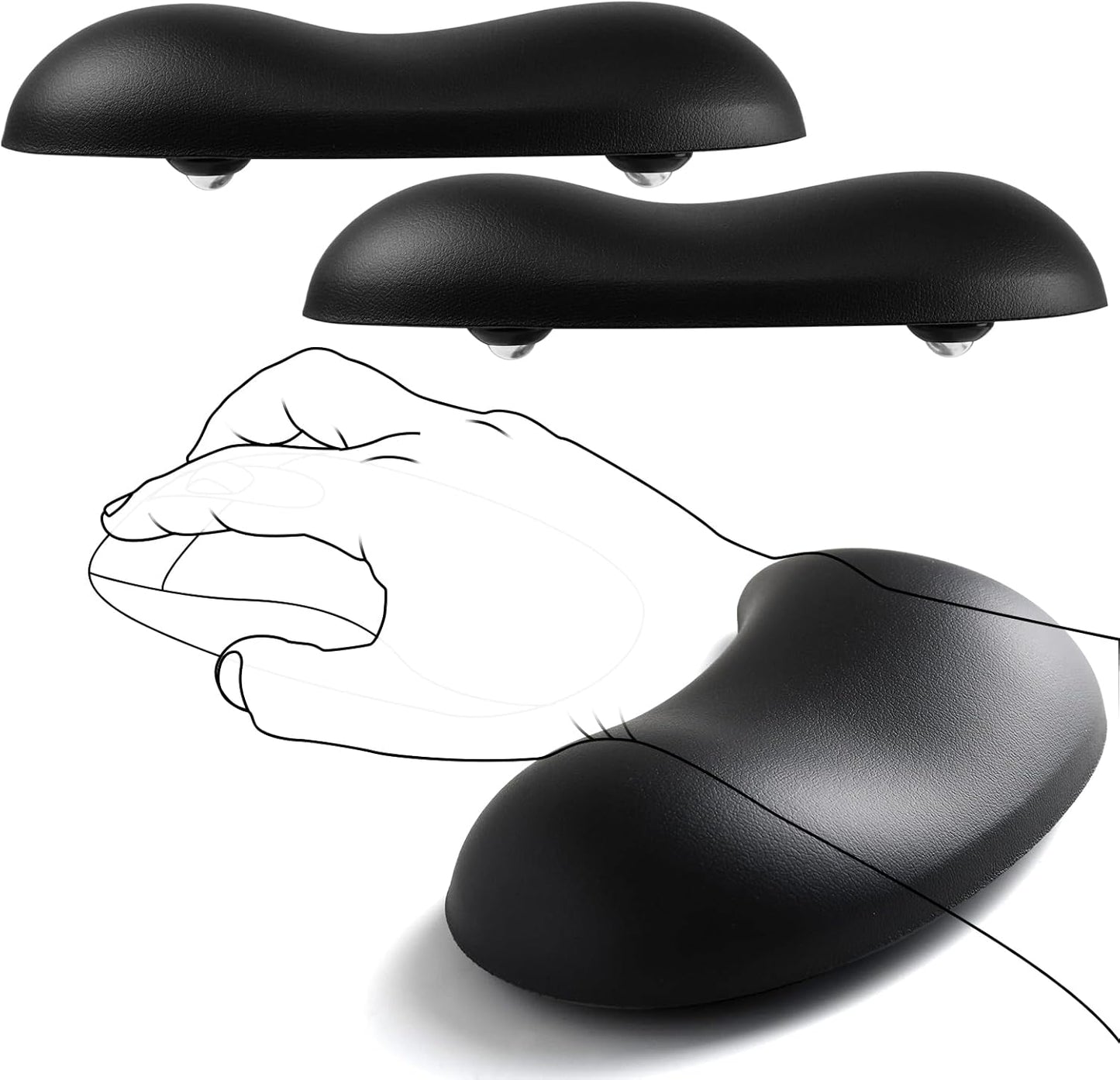 JIKIOU Ergonomic Gliding Palm Rests, Gel Mouse Wrist with Leather Surface, Sliding Wrist Pad with 4 Smooth Scroll Wheel, Fast Mouse Wrist Glider Designed for Office Computer Home Gaming, 2 Pack Black