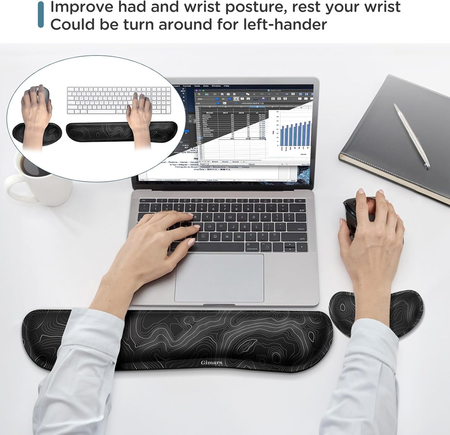 Gimars Upgrade Enlarge Silky and Superfine Fabric Gel Memory Foam Keyboard Wrist Rest Set, Ergonomic Keyboard Mouse Wrist Support for Typing Pain Relief, Comfort for Office, Gaming, Computer, Black