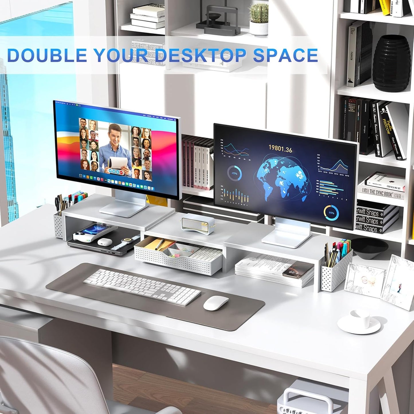 gianotter Dual Monitor Stand Riser, Desk Organizer With Drawer and 2 Pen Holders,Computer Monitor Stand, Desk Shelf for Top of Desk, Wood