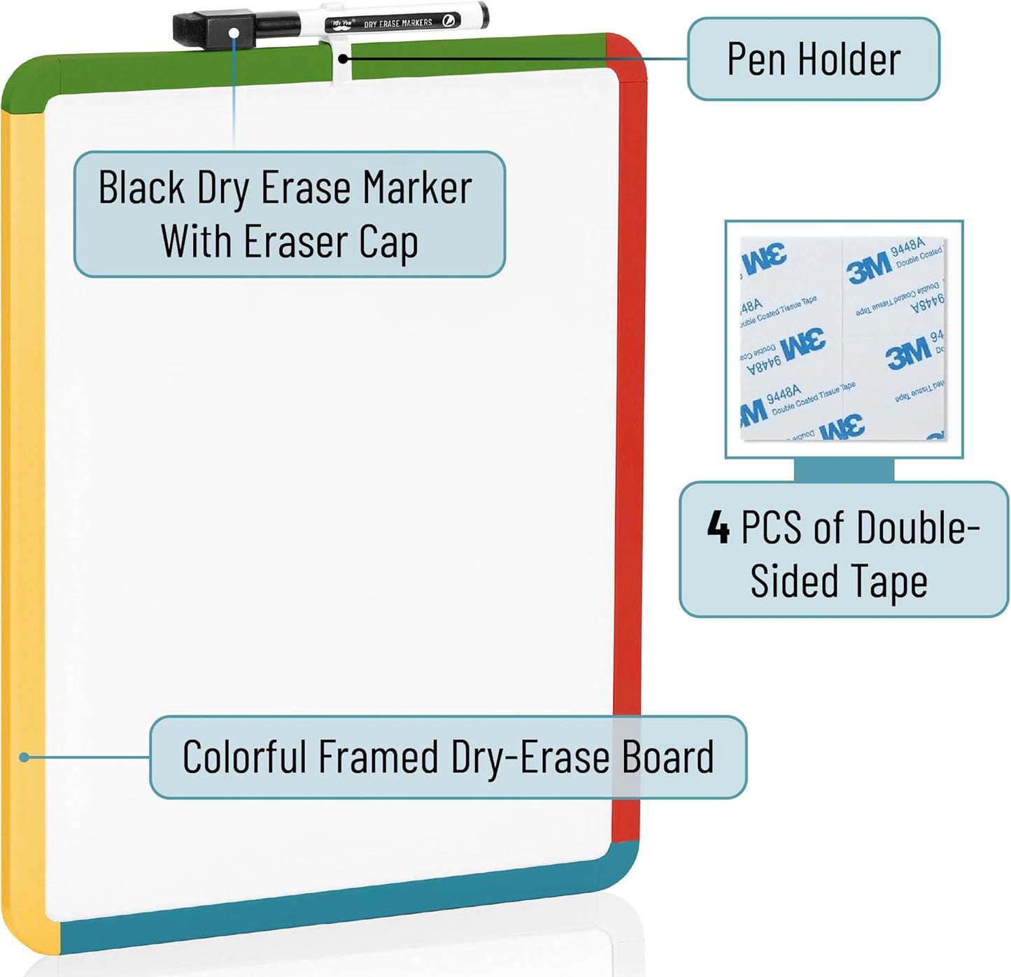 Mr. Pen- Dry Erase Board, 14” x 11” with a Black Dry Erase Marker, White Frame, Small Mini White Board for Students, Fridge, Wall, Locker, Includes Double Sided Tapes