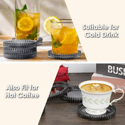 Modern Clear Coasters Set of 5- Glass Cute Coasters for Drinks Crystal Coaster Round Chic Cup Mat Cute Coffee Table Coaster for Kitchen, Bar, Dining Room, Living Room, Patio(Amber)