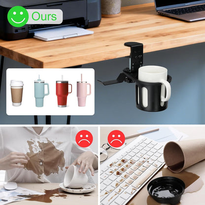 MYITYARD Desk Cup Holder Clamp, Anti-Spill Clip On Table Cup Holder, Rotatable Water Bottle Stand Drink Coffee Mug Storage, Office Accessories for Home and School (Black)