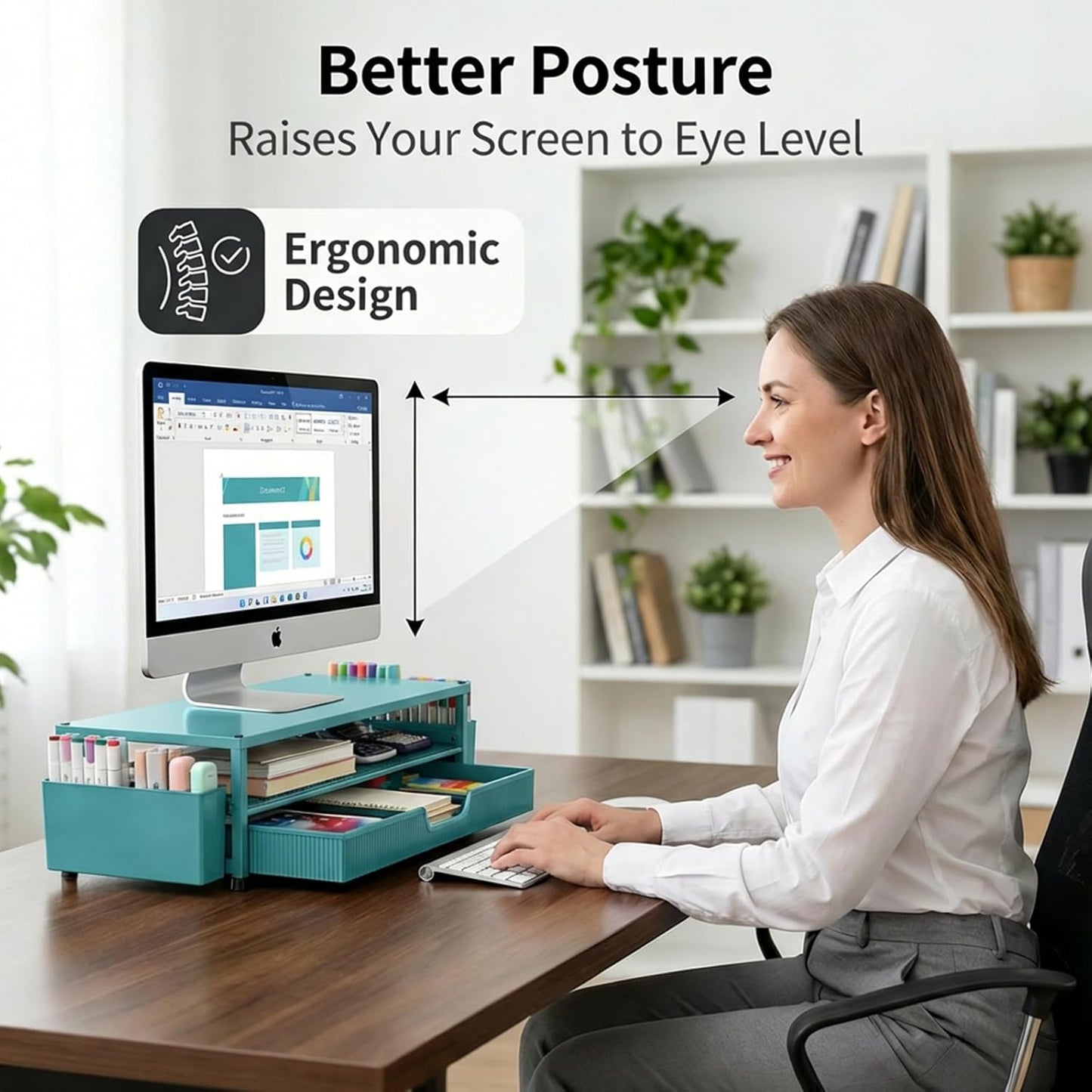 ECOLOVI Desk Organizer and Accessories, 2-Tier Computer Monitor Stand Rise with Storage Drawer & 2 Pen Holders, Laptop & Printer Stand for Desktop, Workspace Organizers for Office Supplies (Brown)