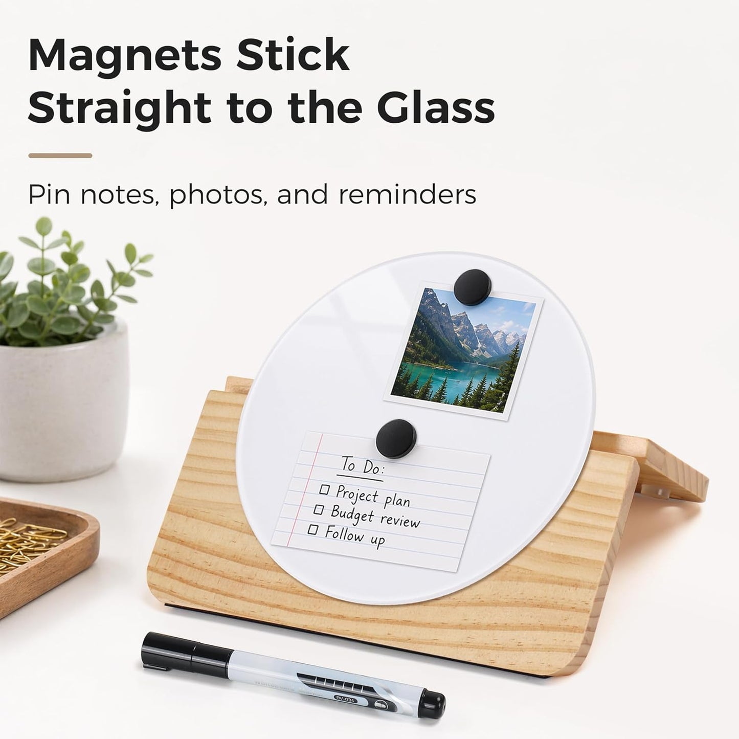 Magnetic Glass Desktop Whiteboard with Solid Wood Stand, Adjustable Foldable Mini Dry Erase Board, 2-in-1 Tabletop & Hanging Glassboard with Rustic Rope, Reusable Home Office School, Black and Square